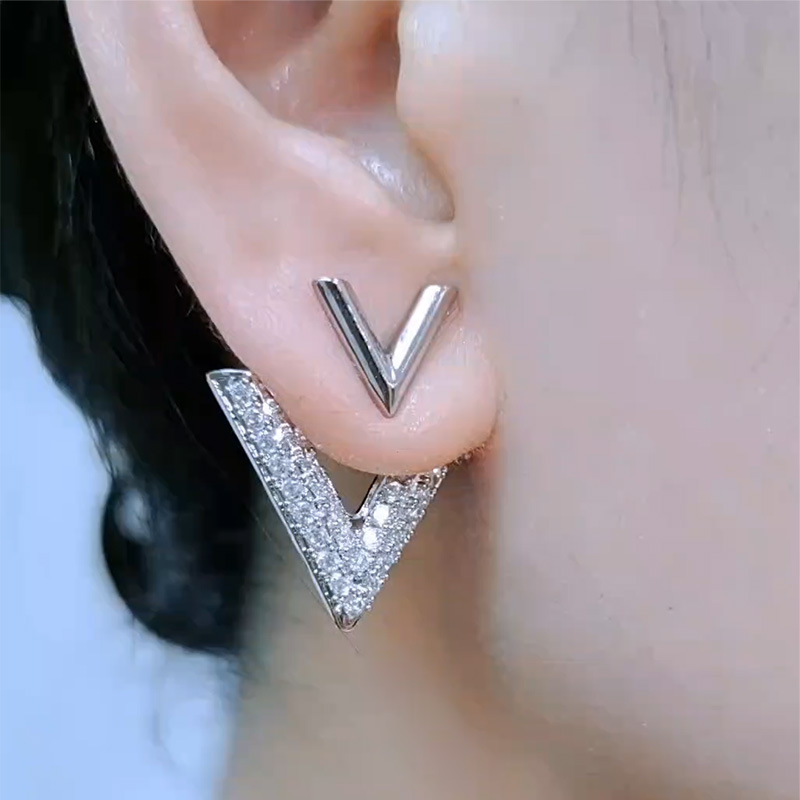 Orecchini a due pezzi in stile coreano, triangolo geometrico alla moda francese, davanti e dietro, orecchini in zirconi micro-incrostati, piccoli e raffinati orecchini a V_voghion.com