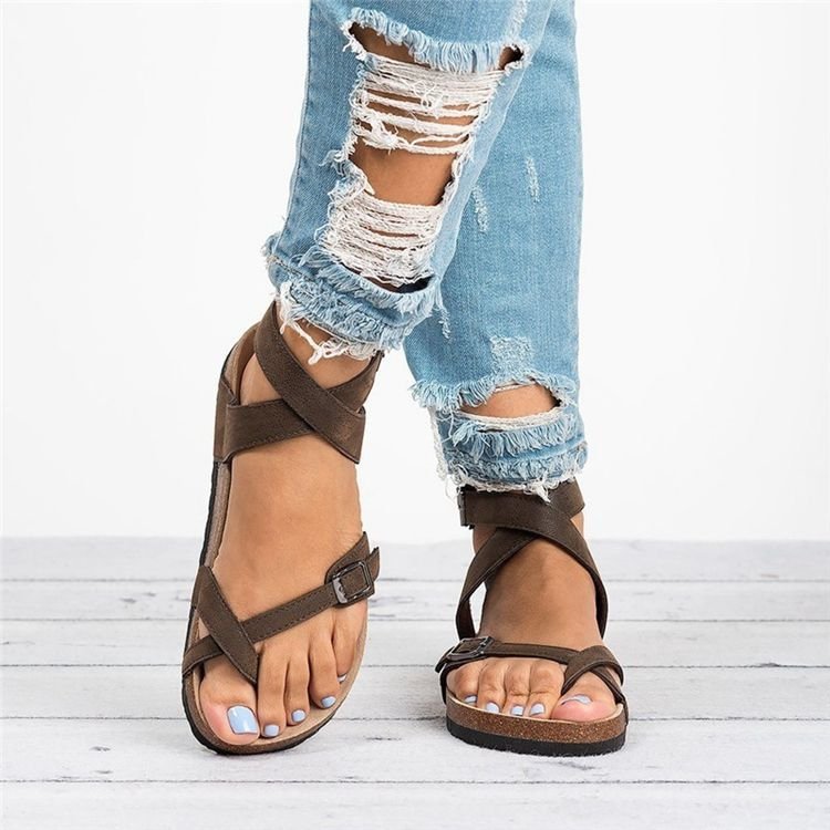 Damenschuhe Sommer Große Sandalen Korkboden Römische Zehenpartie Gürtelschnalle Wickelsandalen Für Damen_voghion.com