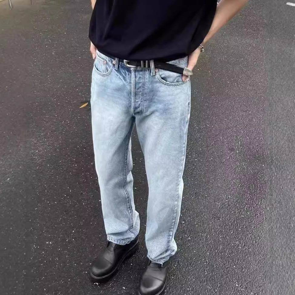 Vintage Washed Straight Jeans Herren Damen Hellblaue Distressed Denim_voghion.com