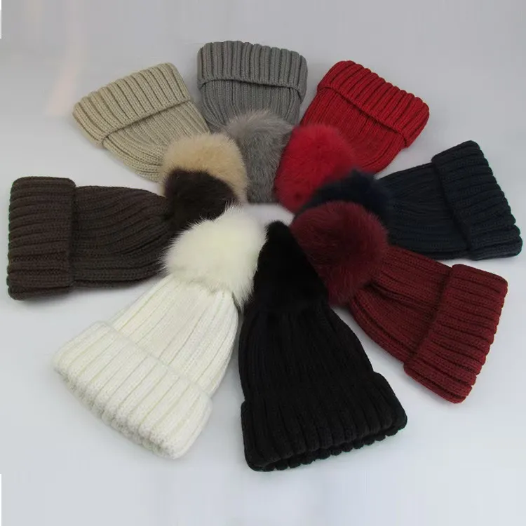 Women Designer Winter Knitted Woolen Hat Chunky Knit Thick Warm Fur Pom Beanies Female Bonnet Beanie Caps colorfull_voghion.com