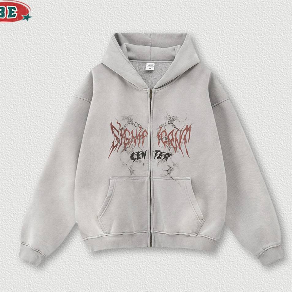 Felpa con cappuccio e zip in stile Gothic Revival, in pile di cotone effetto consumato con silhouette a spalle scese (nero/grigio cenere/lavaggio oversize)_voghion.com