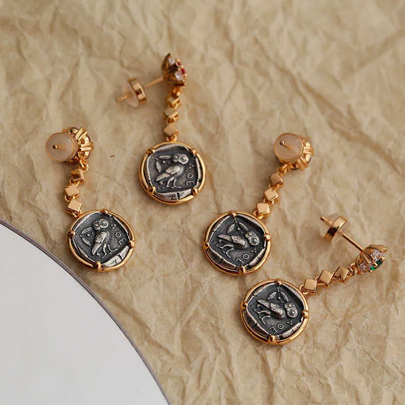 Bracelets à breloques, marque célèbre, vente en gros, boucles d'oreilles en pièces de monnaie Athéna de la Grèce antique, plaqué argent, mode européenne et américaine_voghion.com