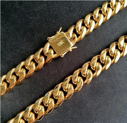 Colar de Aço Inoxidável Jóias Banhado a Ouro Alto Polimento Miami Cuban Link Homens Punk 14mm Corrente Curb Fecho Duplo de Segurança_voghion.com