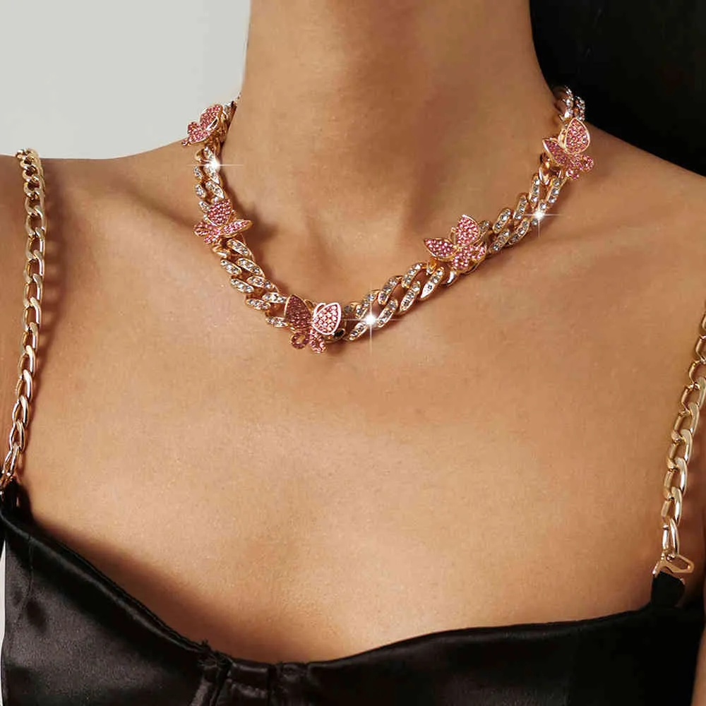 Collana a farfalla punk ghiacciata, 1 pezzo, catena cubana a forma di farfalla, con ciondolo a forma di cuore, stile rapper, bracciale e collane._voghion.com