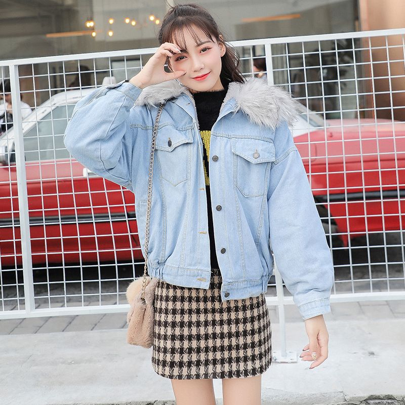 Vêtements pour femmes, hauts en jean à col en fourrure épaisse, vestes courtes amples en coton pelucheux pour femmes_voghion.com
