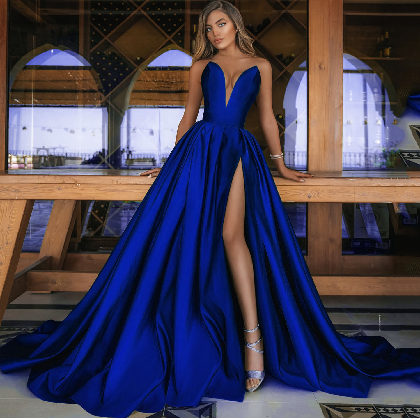 Women's Clothing  Sexy Deep V Slit Long Skirt Wedding Dress