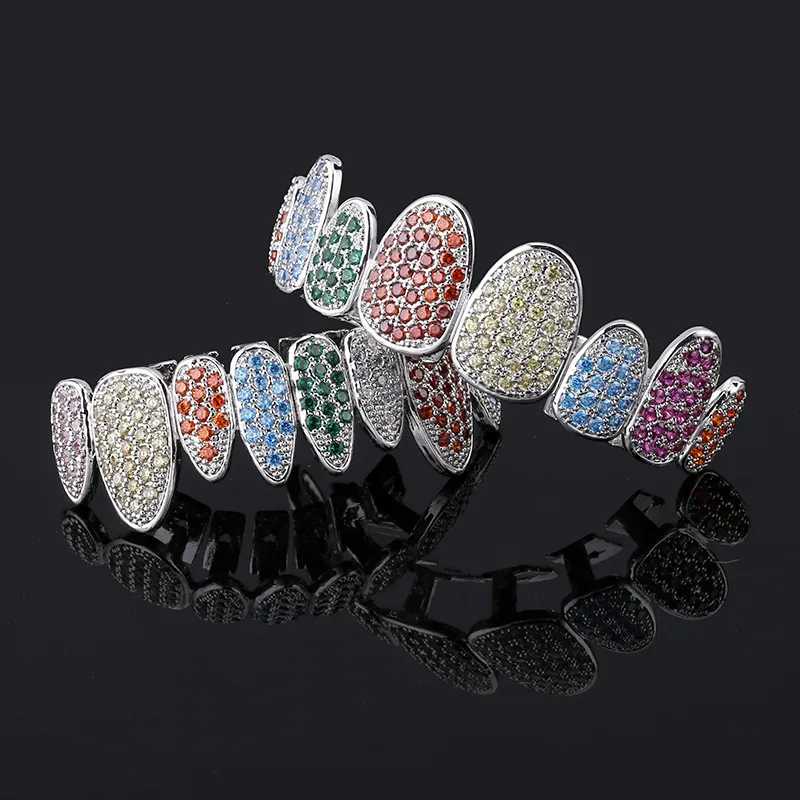 Rose Weißgold Vampir Grillz Iced Out Fang Grills Voller bunter Durchmesser Cosplay Zahnkappe Zahnspange_voghion.com