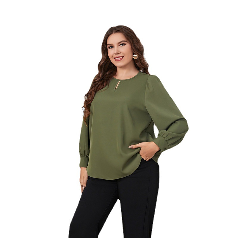 spring round neck long sleeve green large size women's shirt_voghion.com