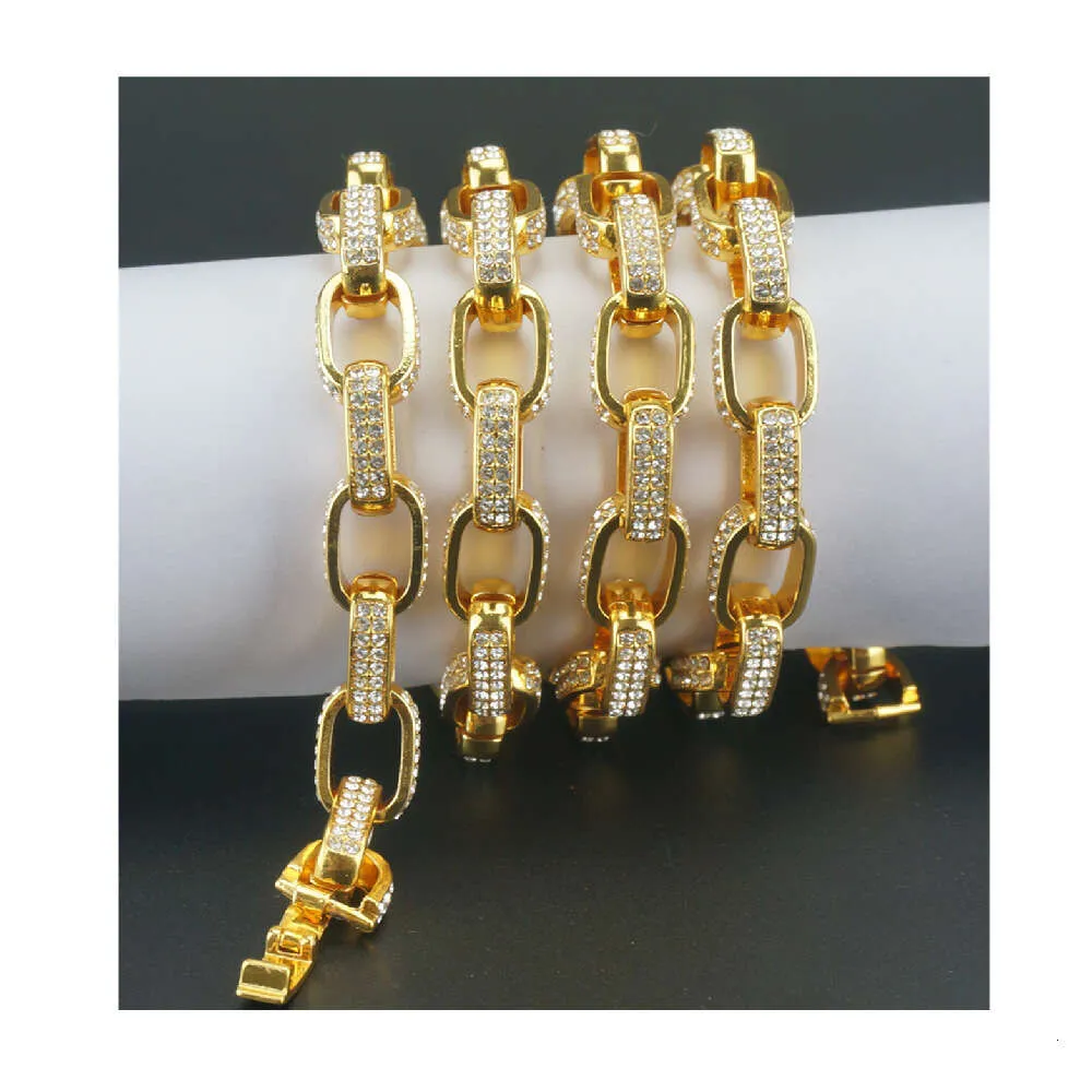 Simple Square Three-dimensional Box Full Of Rhinestones Hiphop Trendy Cuban Chain Thick Bracelet_voghion.com