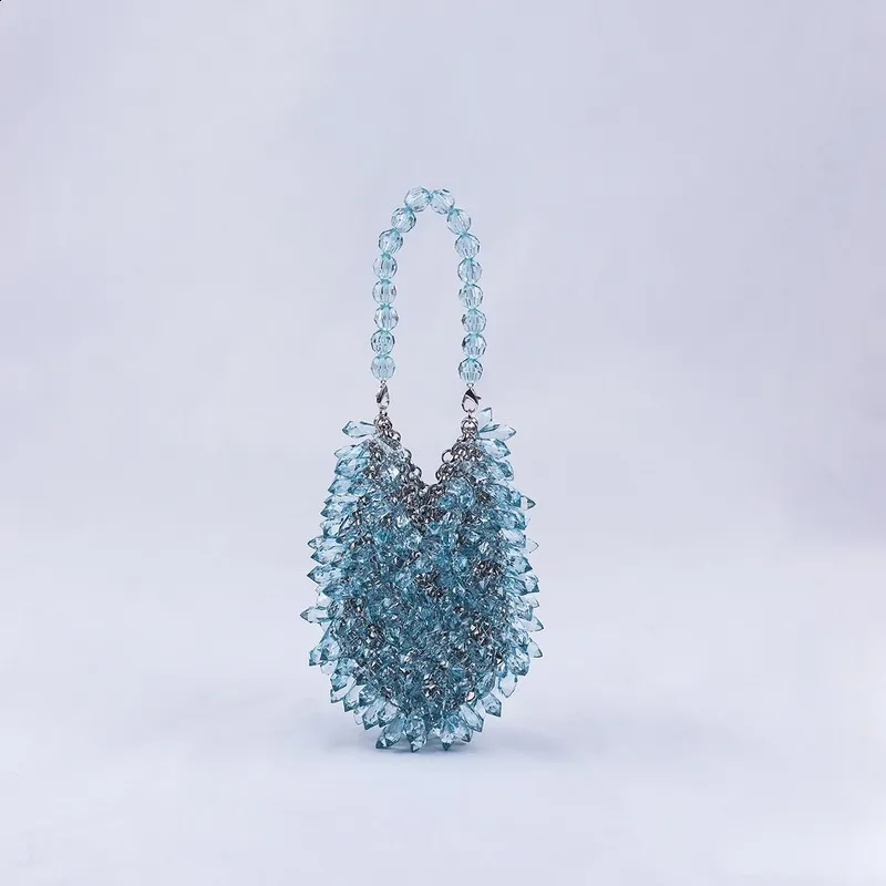 Borsa a secchiello piccola da sera in cristallo trasparente intrecciato a mano, verde, blu e giallo, fatta a mano, estiva_voghion.com