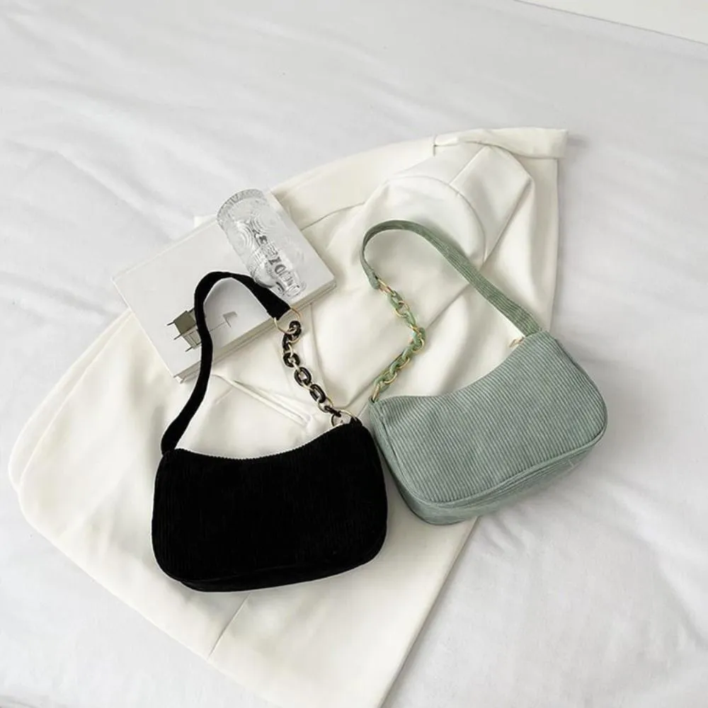 Hobo Chain Corduroy Shoulder Bag Korean Style Solid Color Crossbody Storage Makeup Lipstick Veet Underarm_voghion.com