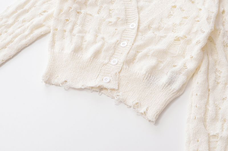 Women's white V-neck holes to do old sweater coat routine hollow-out single-breasted long-sleeved cardigan_voghion.com