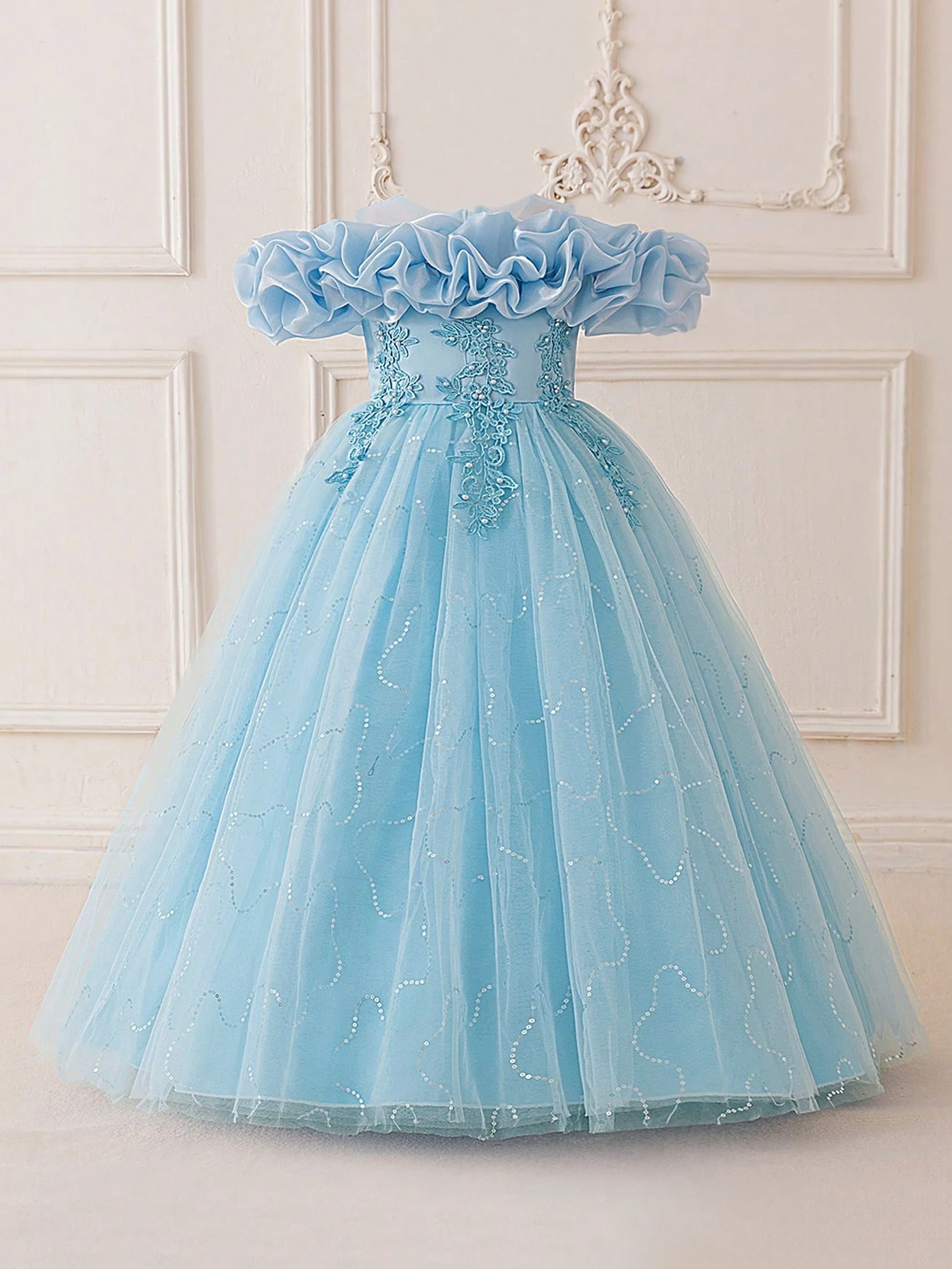 Tween Girls Ruched Strapless Party Dress With 3D Floral Embroidery For Birthday Party, Wedding, Graduation, Prom Dress_voghion.com