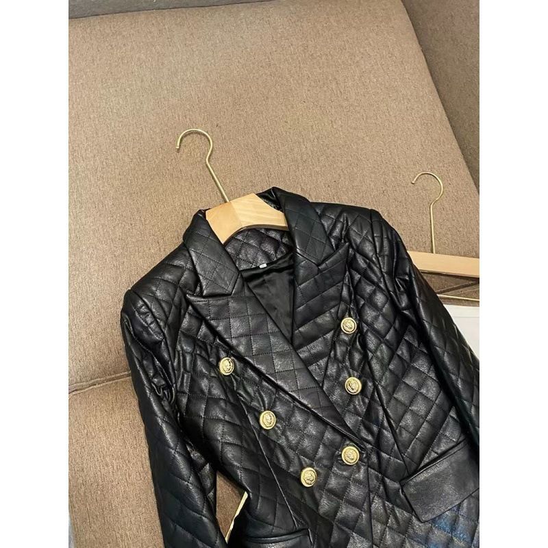 Women's Clothing Black short shoulder pads small casual suit pu leather female jacket_voghion.com