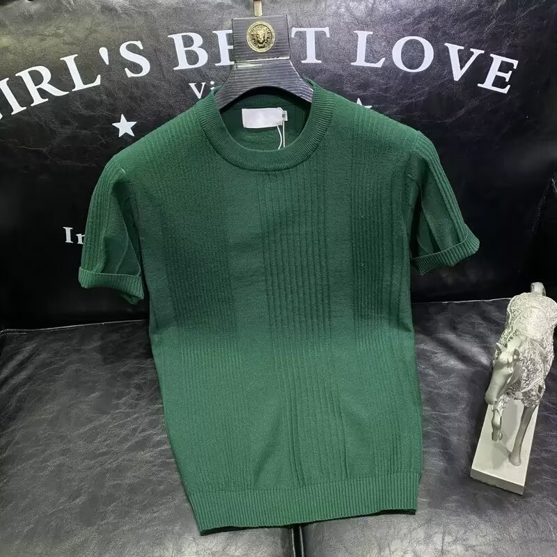 Men's Clothing Fashion brand ice silk short sleeved T shirt men's summer thin slim round neck knitted bottoming shirt all match casual tops_voghion.com