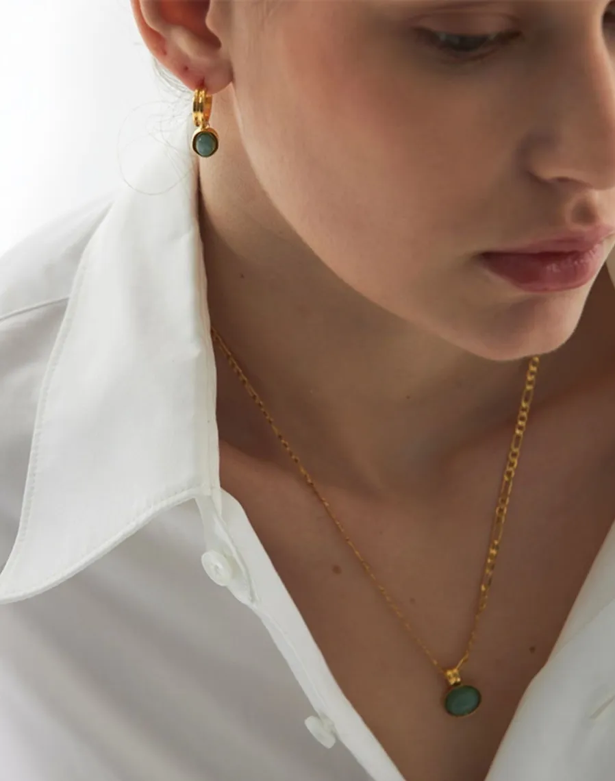 Grüner Aventurin Jade runder Anhänger Figaro Kette Edelstahl Halskette Ohrringe Set Vintage vergoldeter Schmuck für_voghion.com