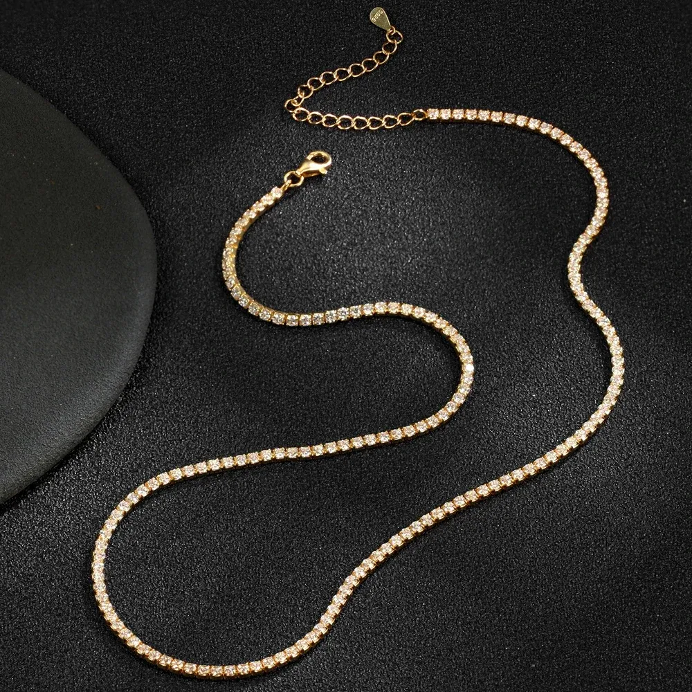 Cadenas finas de 2 mm con diamantes de moissanita y cadena cubana de plata, collar de oro real para mujer, joyería con piedra de circón, collares para el cuello_voghion.com