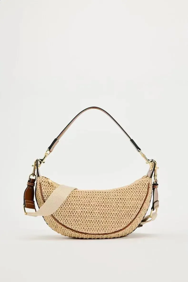 Borsa a tracolla da viaggio a mezza luna in paglia intrecciata alla moda per donna, borsa a tracolla fatta a mano 240907_voghion.com