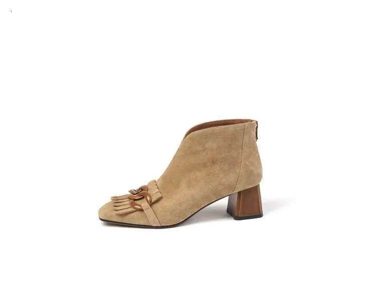 New Autumn/Winter Women Sheep Suade Toe Square Heel Mid-Heel Ankle Boots Fringed Zipper Fashion Office Lady Shoes_vogvips.com