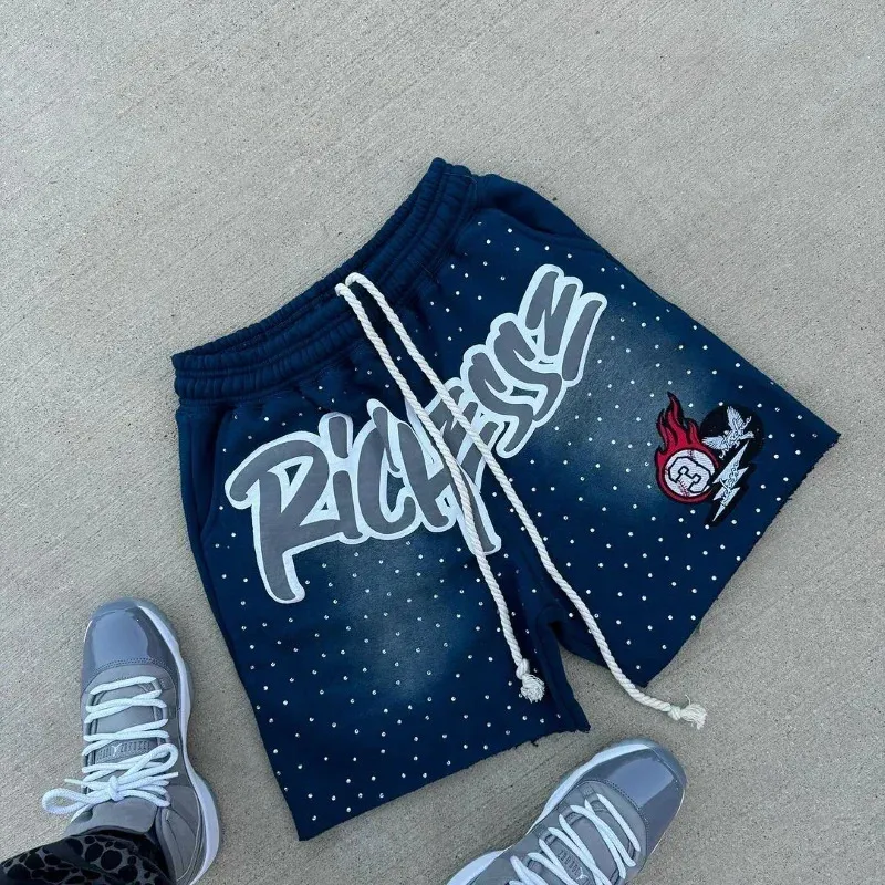 Europeisk-amerikansk bokstavstryck lösa herrshorts för gatumode, hiphop, joggingbyxor, casual, sportbyxor 241230_voghion.com