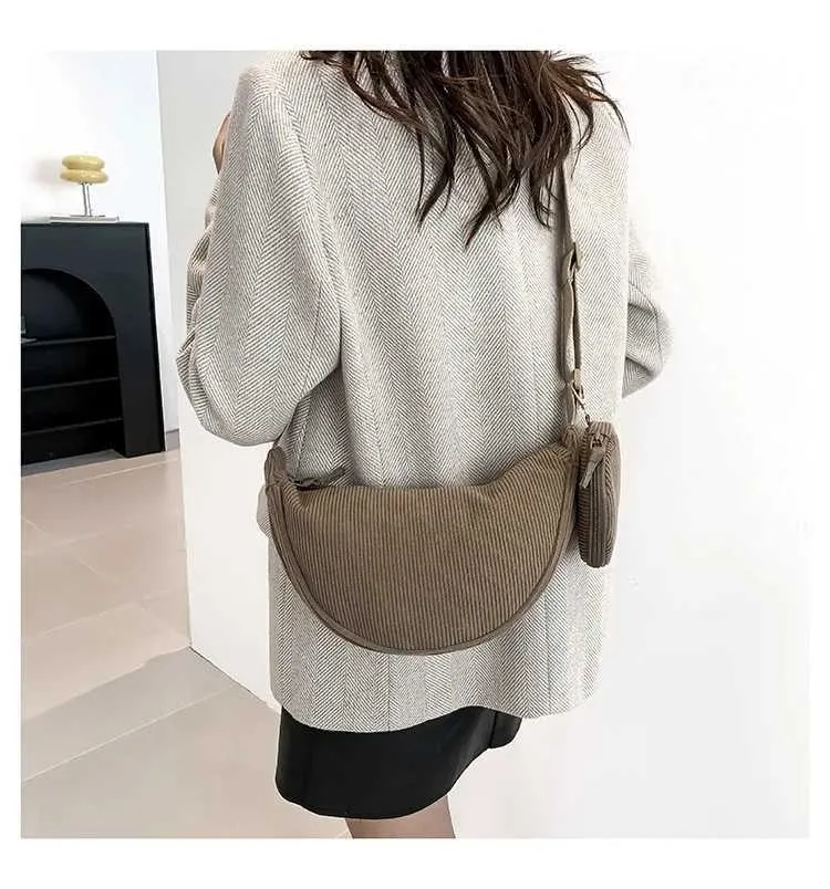 Borsa a tracolla casual in velluto a coste da donna Hobos, semplice, tinta unita, borsa a tracolla da donna, versatile, da pendolare_voghion.com