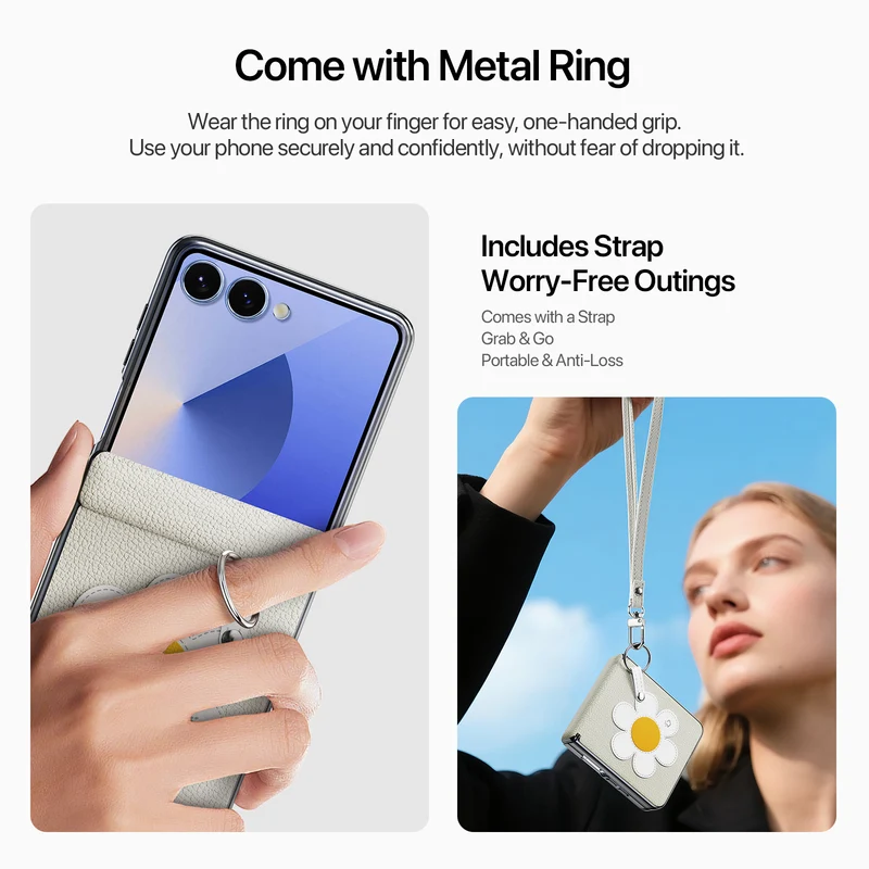 Custodia pieghevole in pelle PU alla moda con anello in metallo per Samsung Galaxy Z Flip 7 Flip7 con cordino per telefono, antiurto_voghion.com