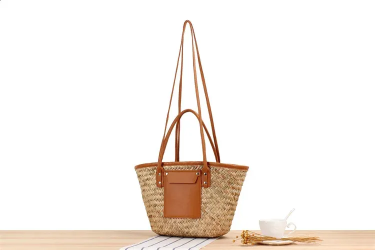 Casual Rattan Basket Bag Wicker Woven Women Handbags Handmade Summer Beach Straw Shoulder Crossbody Bags Big Tote Purse_voghion.com