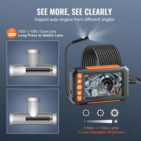 Endoscoopcamera met verlichting, dubbele lens, borescope, 499,9 cm kabel, 10,9 cm scherm_voghion.com