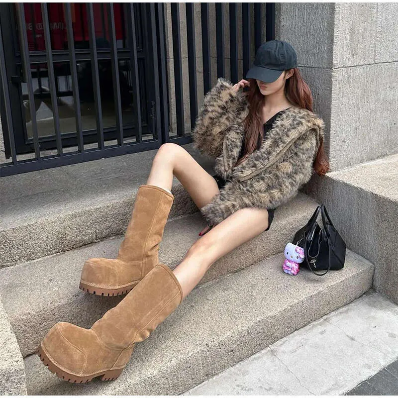 FIERA Scarpe da neve alla moda con plateau rialzate in cotone, calde, con design a testa grande, stivali lunghi marroni da donna_voghion.com