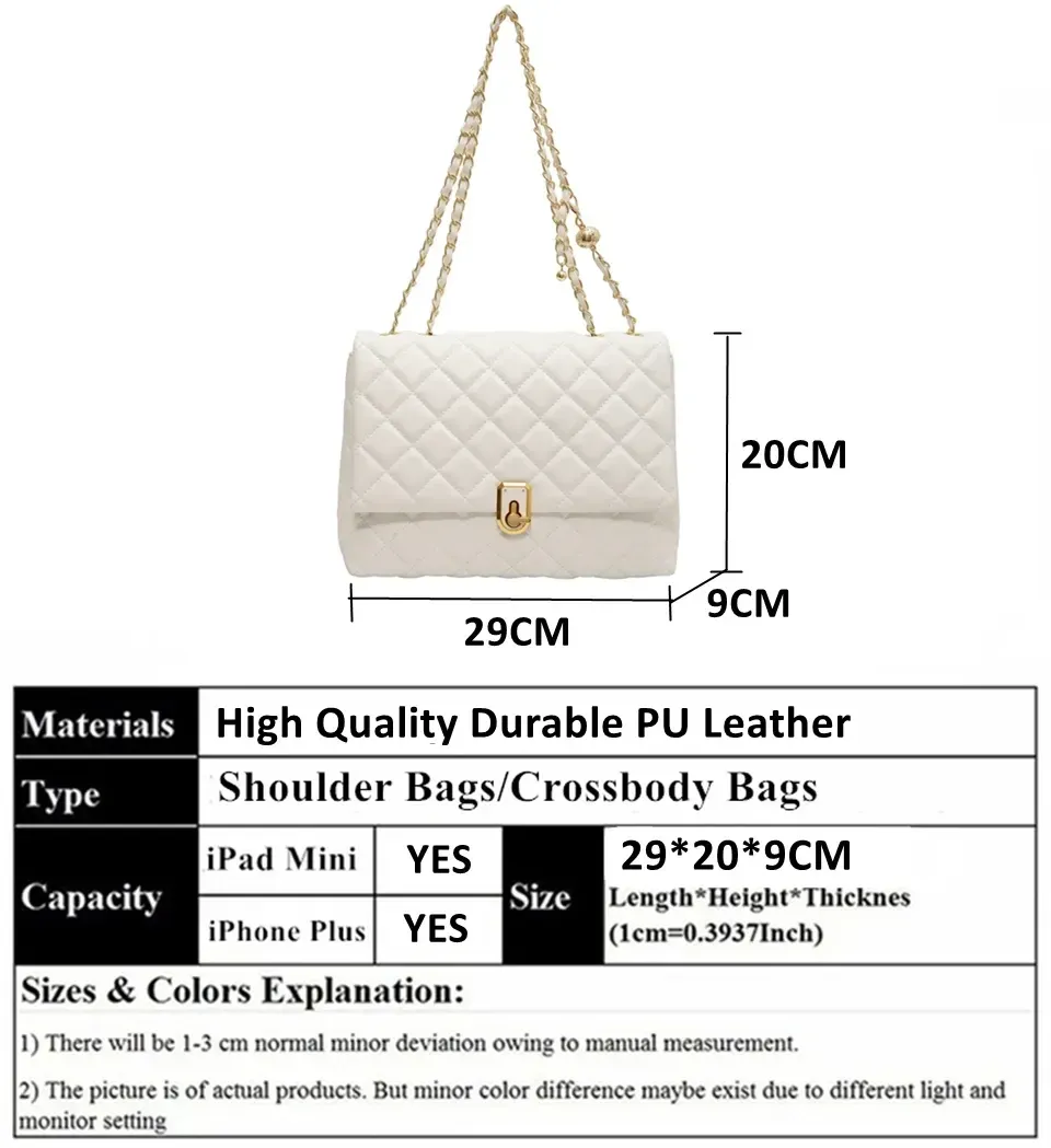 Elegante bolso bandolera acolchado de piel: bolso cruzado de diseño para mujer, con cadena grande, bolso elegante en blanco y negro._voghion.com