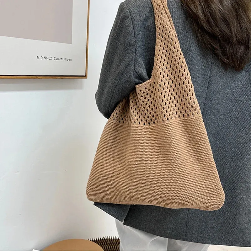 Lässige gewebte Damen-Umhängetaschen, gestrickte Handtaschen, große Kapazität, Shopper-Tasche, weibliche Strand-/Reise-Geldbörsen aus Baumwolle 240826_voghion.com