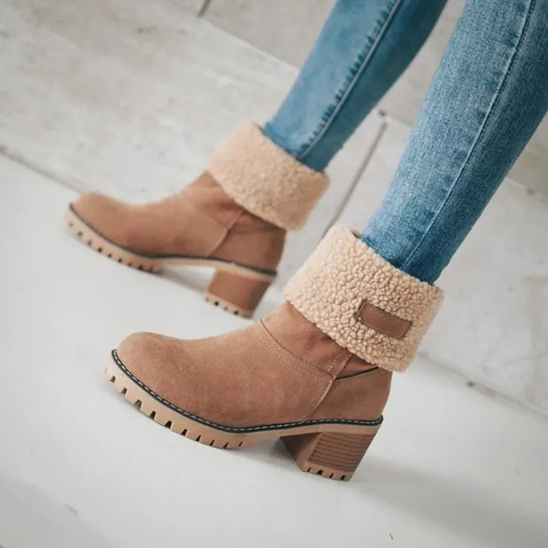 Autumn and Winter Fashion New Casual Comfortable Plus Veet Warm Square Heel Round Toe Solid Color Women's Ankle_voghion.com