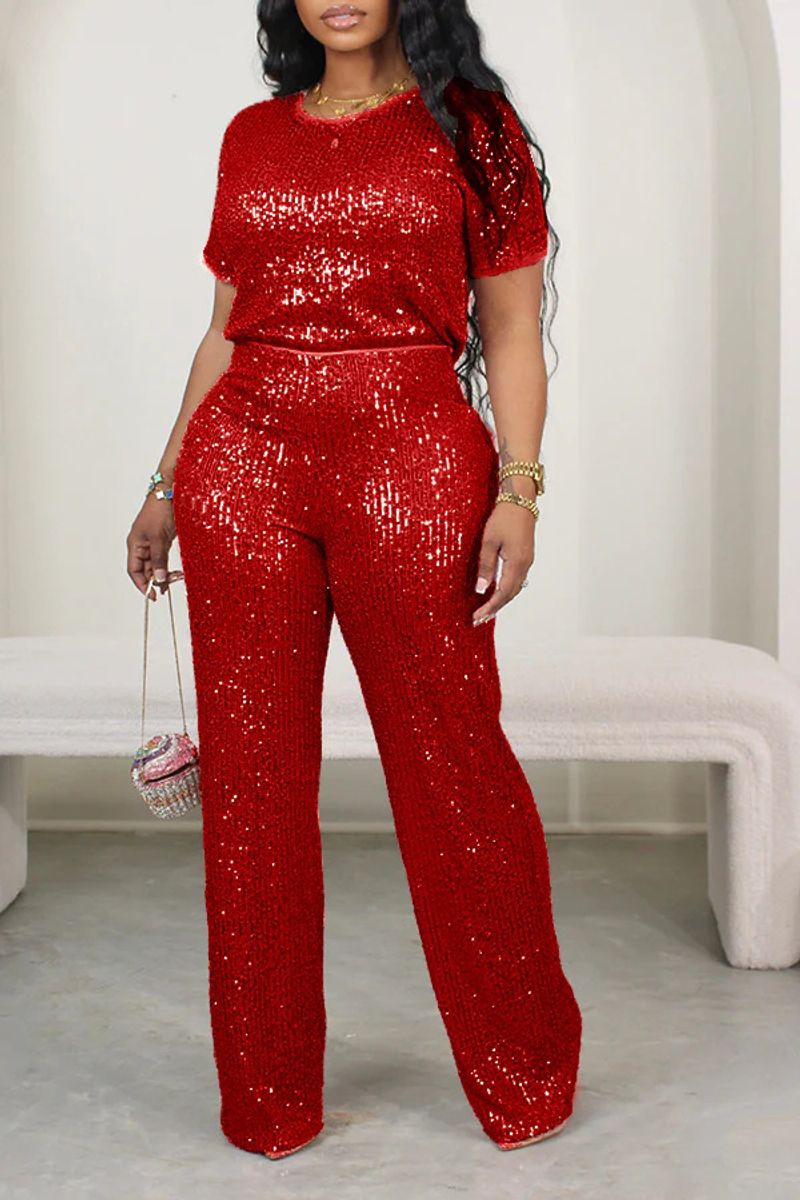 women's clothing new products solid color sequin round neck short T + straight pants suit_voghion.com
