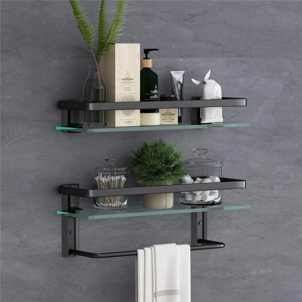 Glass Bathroom Shelf 15.7in Bathroom Shelf Wall Mounted Floating Glass Shelves With Towel Holder Glass Shower Shelf 2 Tier_voghion.com