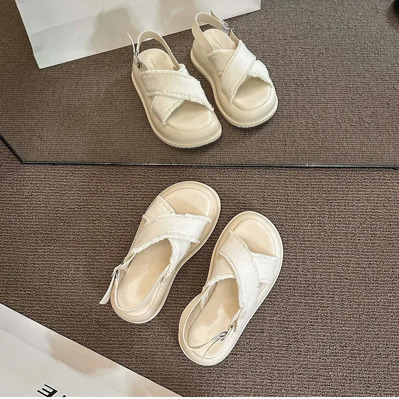 Gladiator Sandals For Women Denim Thick Sole Elegant Beach Shoes_voghion.com