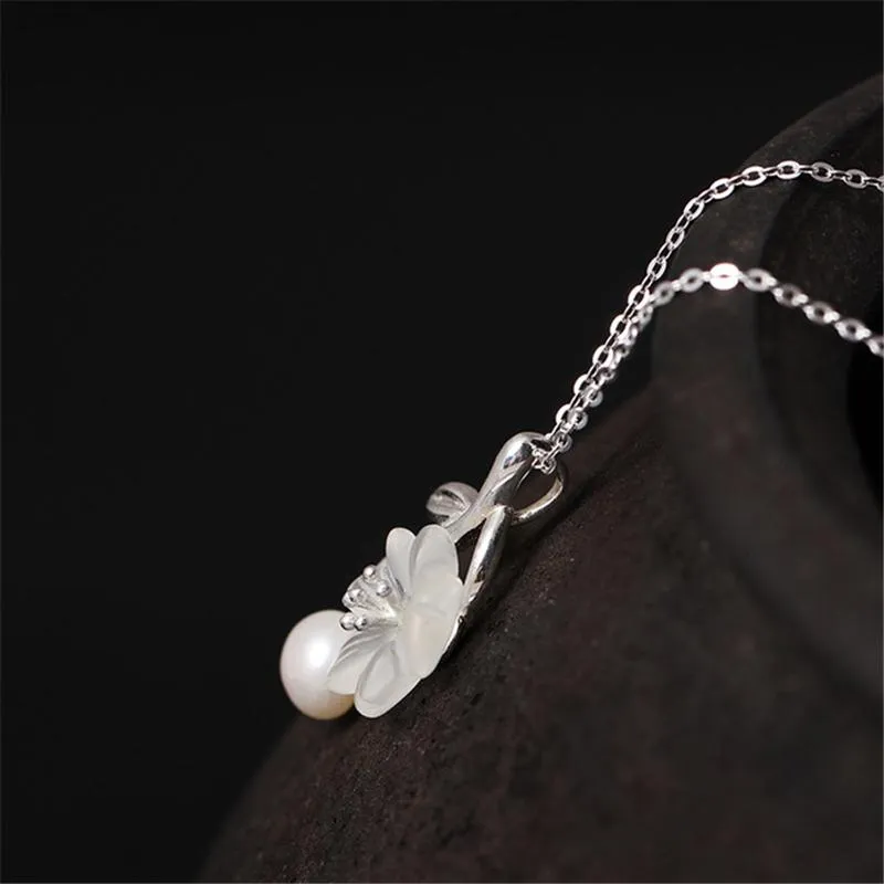 Anheng Halskjeder Ekte Sterling Sier Håndlagde Designer Fine Smykker Hvit Naturlig Perle Delikat Plommeblomst Blomst_voghion.com