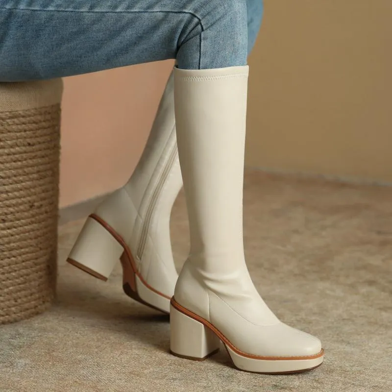 Knee Boots Heel Women's Square Below 2024 Winter Solid Color Fashion Warm Women Shoes Comfortable With Side Z 55_voghion.com