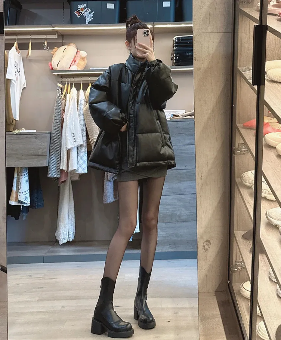 High ankle work very high heels brown short and chubby platform womens waterproof boots black Pu 240911_voghion.com