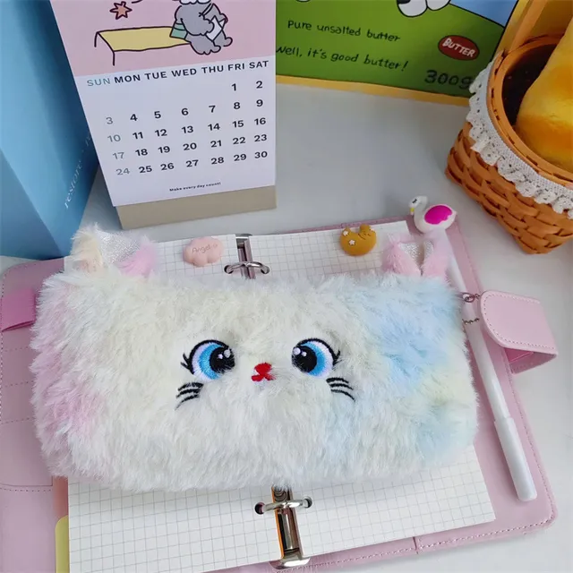 Trousse à crayons grande capacité en peluche avec motif de chat dégradé de couleurs, jolie trousse de rangement pour fournitures de papeterie et pièces de monnaie_voghion.com