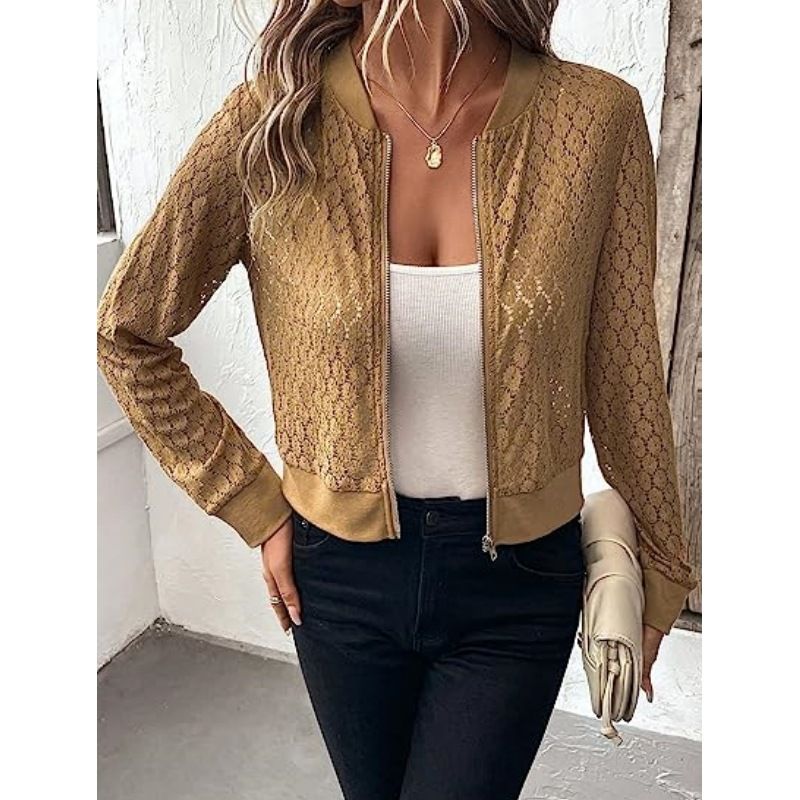 Women's clothing transparent lace long-sleeved zipper front baseball collar pilot jacket cross-border outerwear_voghion.com