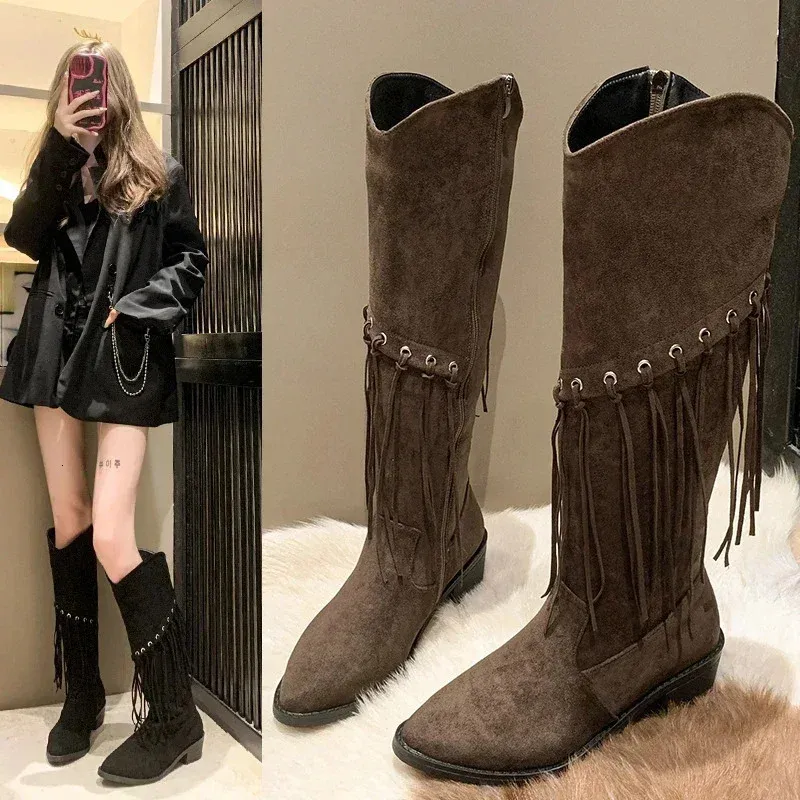 Fashion Bohemian knee length tassel synthetic suede boots womens short and chubby high heels long Botas MUJI 240930_voghion.com