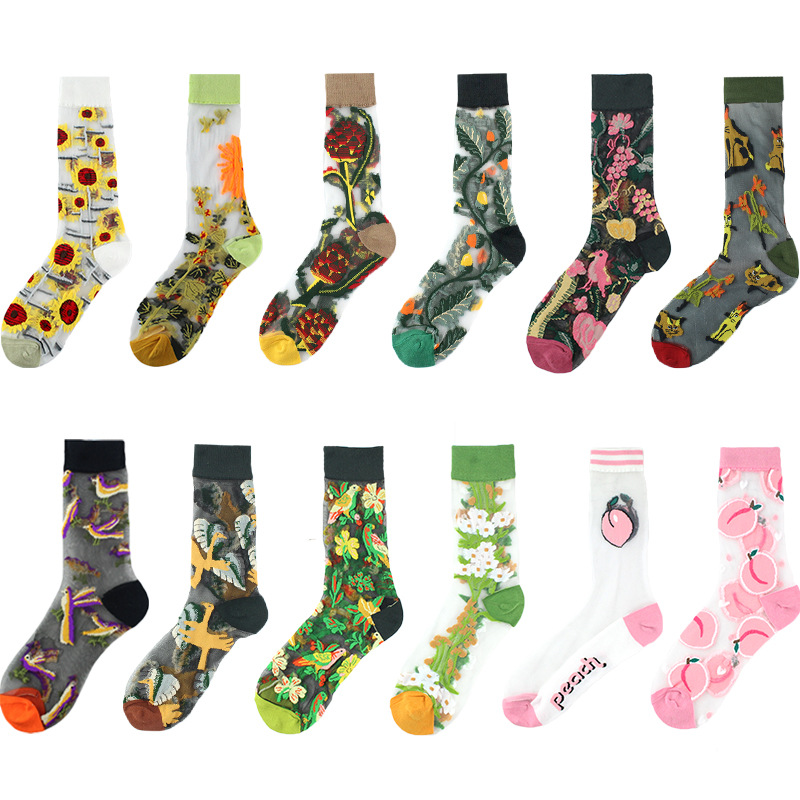 23 Spring/Summer Women's Thin Style Medium Tube Fashion Trendy Wind Flower Dorsen Series Glass Silk Socks_voghion.com