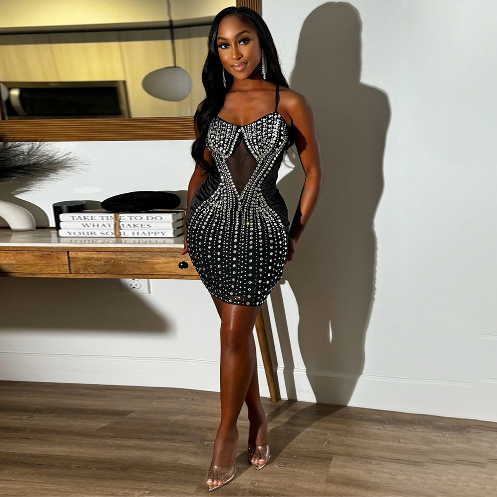 Damenbekleidung, sexy, heißes, durchsichtiges, hüftbedeckendes, ärmelloses Strapskleid aus Diamant-Samt-Spleißnetz für Damen_voghion.com