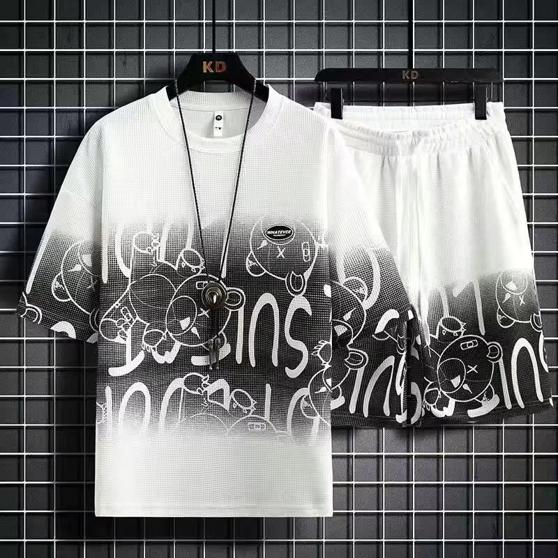 Men's clothing Waffle short-sleeved casual sports suit men's summer fashion trend five-point shorts brand gradient two-piece suit