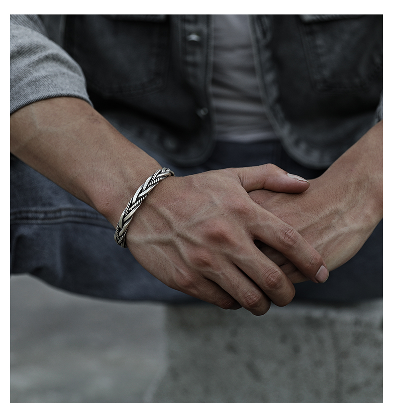 Bracciale rigido in argento 925 intrecciato stile thai retrò_voghion.com