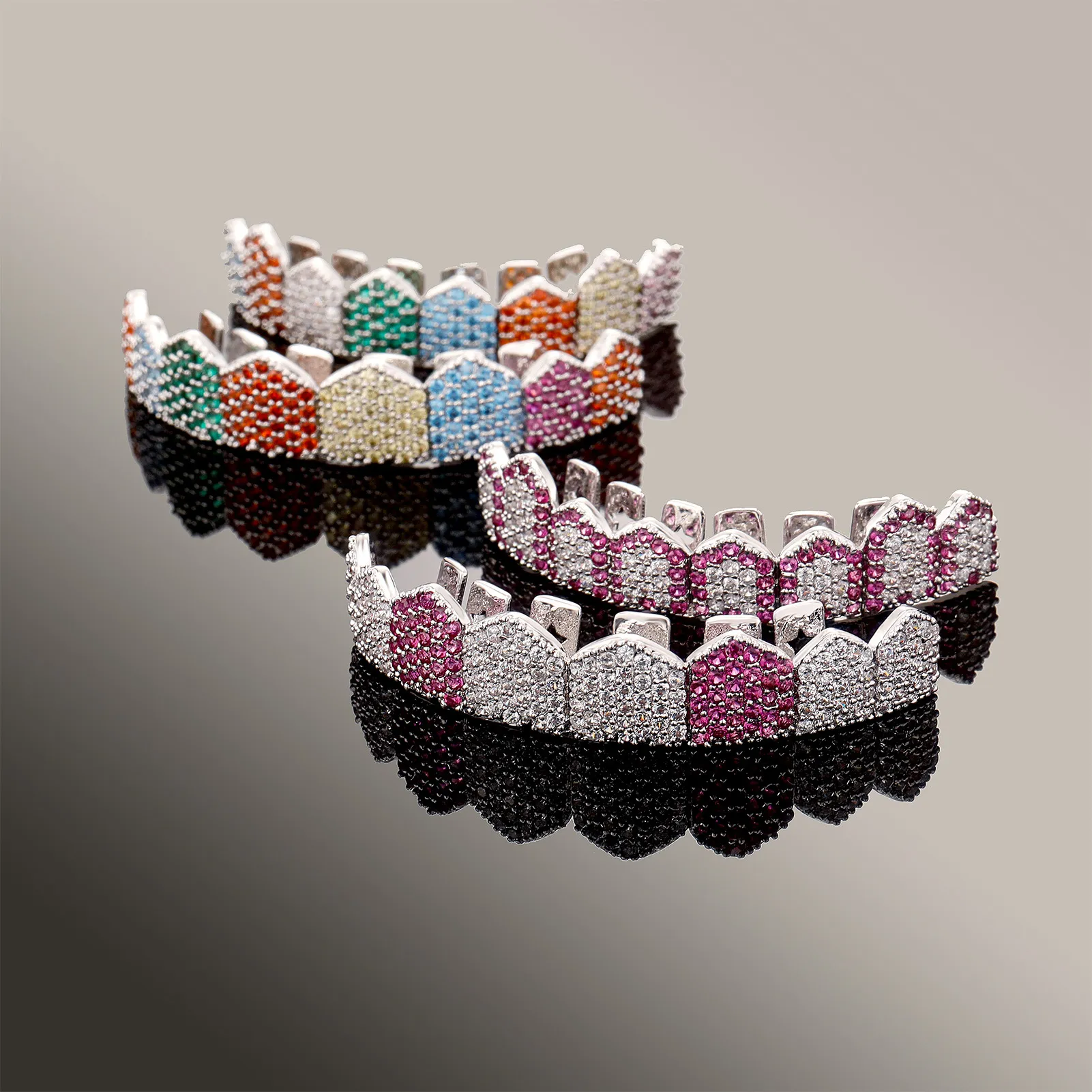 Rose Weißgold Vampir Grillz Iced Out Fang Grills Voller bunter Durchmesser Cosplay Zahnkappe Zahnspange_voghion.com