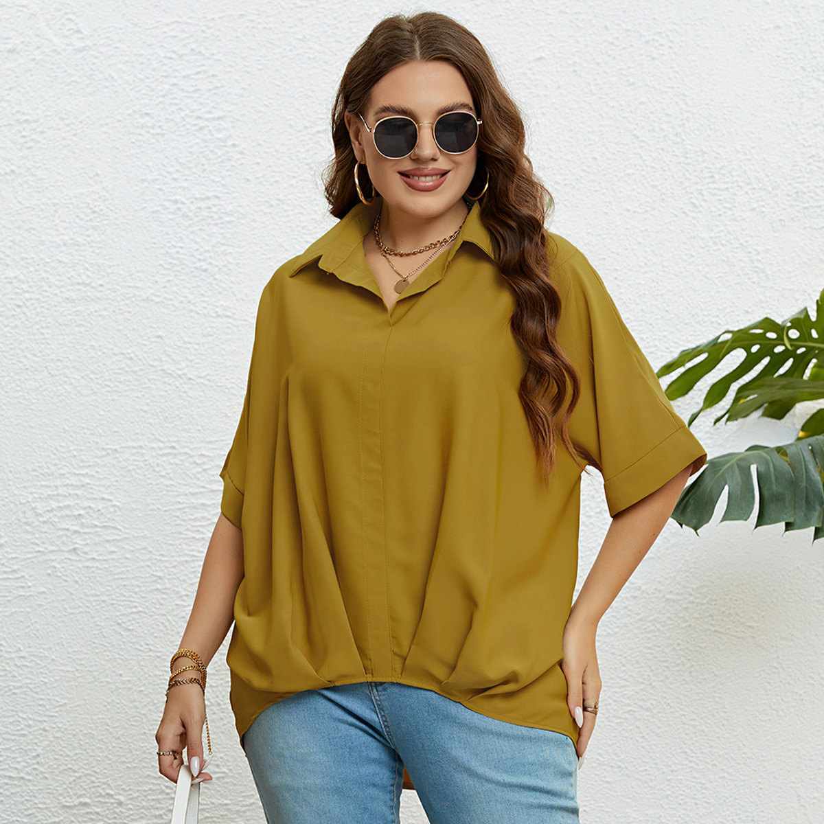 Topuri pentru femei, cu decolteu în V, slim fit și mâneci în cinci puncte, mărimi mari_voghion.com