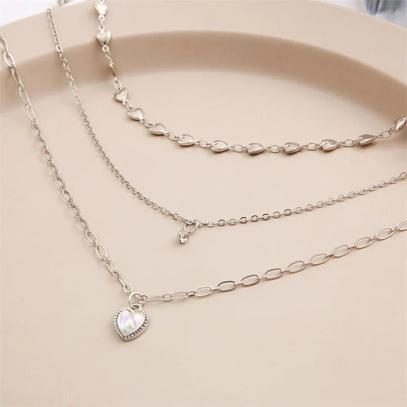 2024 Trendigt Hjärthänge Halsband Opal Metall Sier Färg Flerskiktad För Kvinnor Söt Elegant Y2K Smycken Festgåva_voghion.com