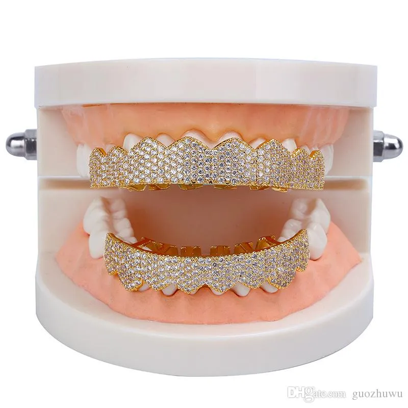 Gold Plated Copper Hip Hop Iced Out Vampire Teeth Fang Grillz Dental Mouth Grills Braces Tooth Cap Rock Rapper Jewelry_voghion.com
