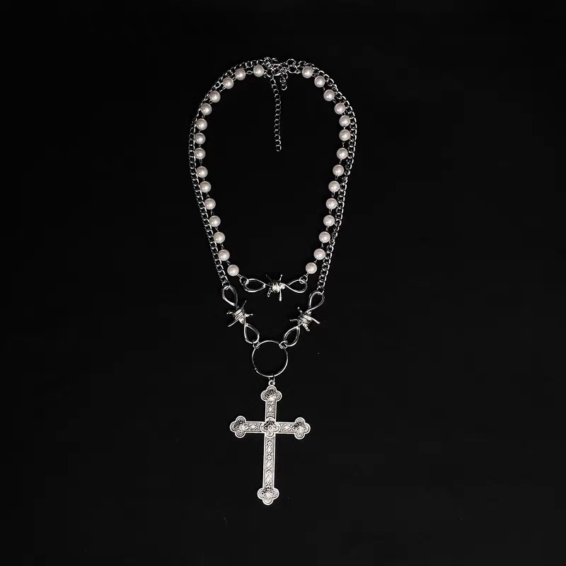 Unisex Gothic retro punk cross pearl necklace_voghion.com